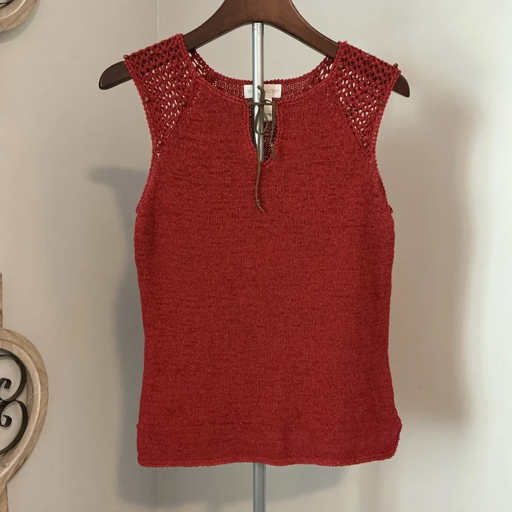 Worthington‎ Burnt Orange Crochet Beaded Boho Hippie Tank Top Blouse Size M